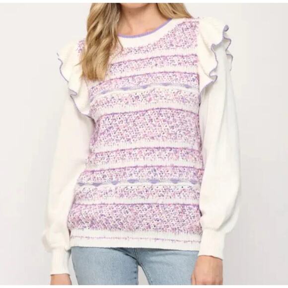 Fate Anthropologie Sweater Women Size S White Purple Ruffle Long Sleeve Spring - Picture 10 of 10